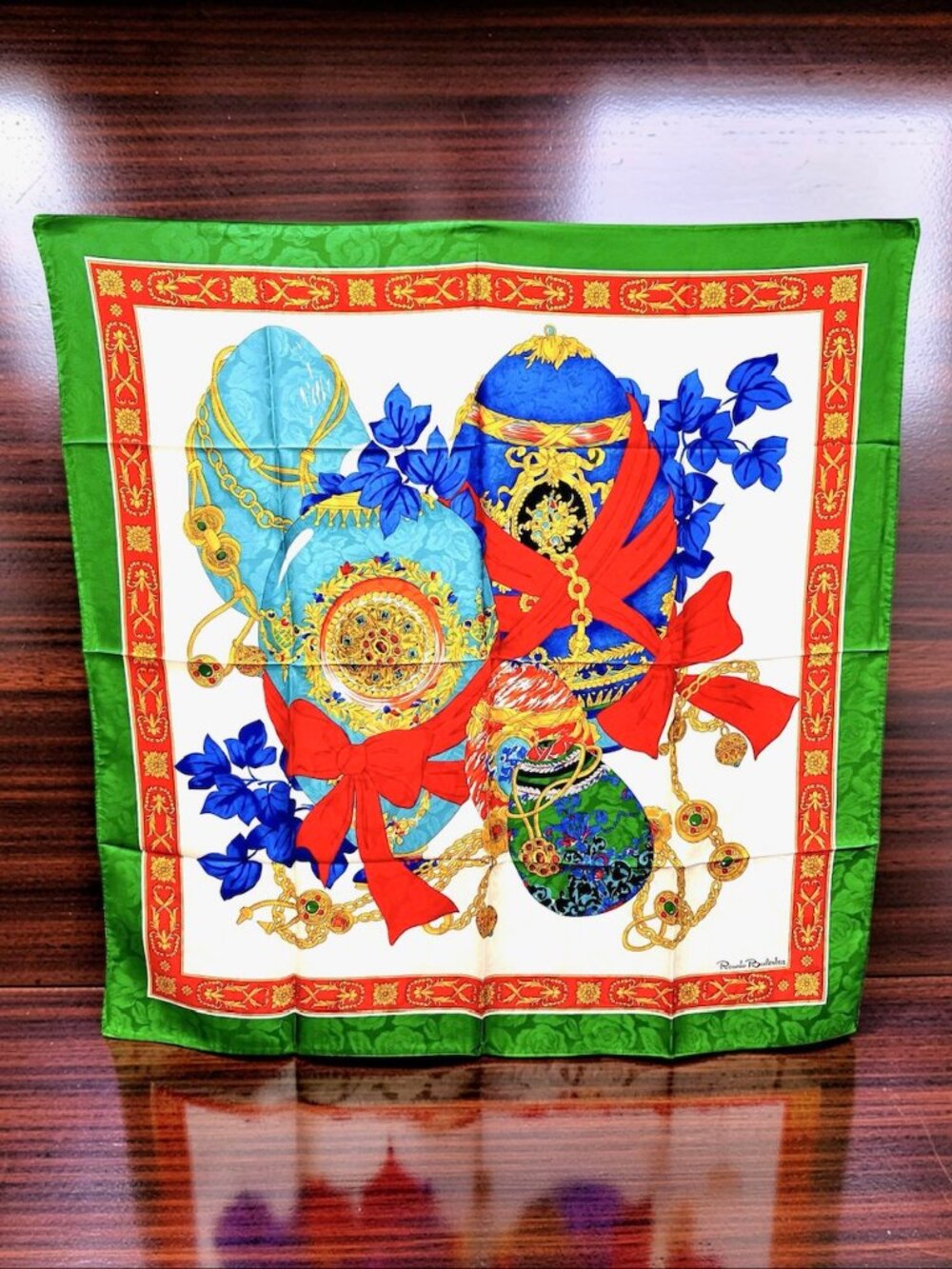 New W/Box Italy Made Renato Balestra 100% Silk Scarf 34" Green Ivery Red (66) - Picture 5 of 15